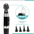 SereneLife otoscope with 3x magnification for clear ear examinations, featuring interchangeable ear tips in multiple sizes (2.4, 3, 4, 5mm) for optimal viewing and easy cleaning.