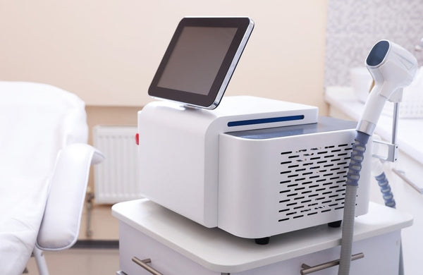 A laser hair removal machine with a digital screen stands beside a medical table in a clean and modern medical office.