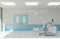 A white and blue C-arm machine standing alone in a clean medical room. There are light blue double doors next to the machine.