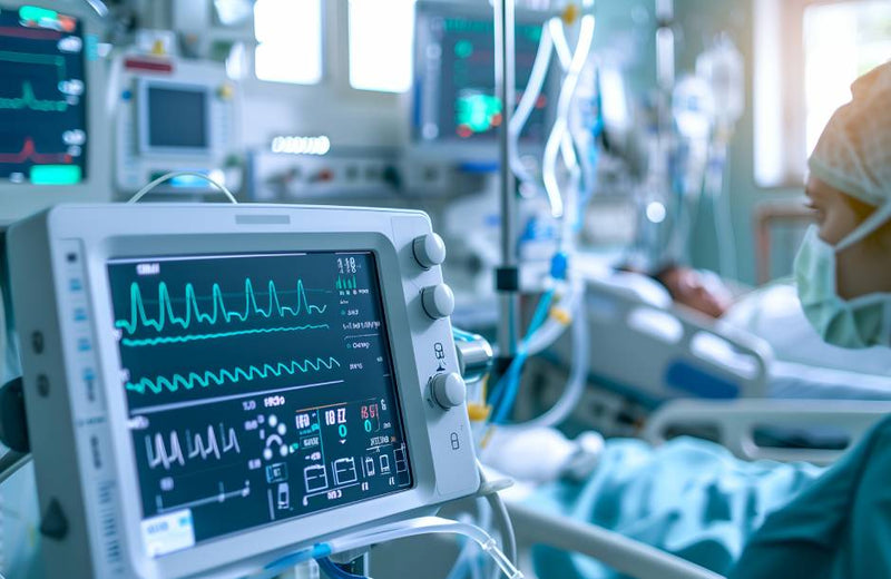 A medical employee monitors a patient's heartbeat and vital signs on a ECG machine screen during a visit.