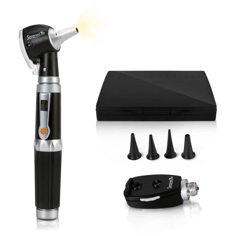 SereneLife ophthalmoscope with light, featuring interchangeable tips and a carrying case.