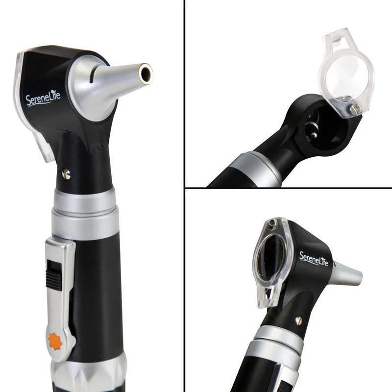 SereneLife ophthalmoscope with a clear viewing lens, used for eye examinations, featuring a light source and ergonomic handle