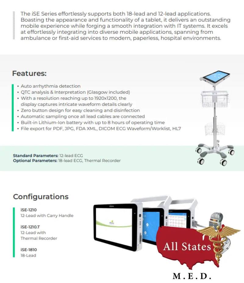 Edan iSE Series ECG Machine - No stand-Patient Monitor-All States M.E.D.