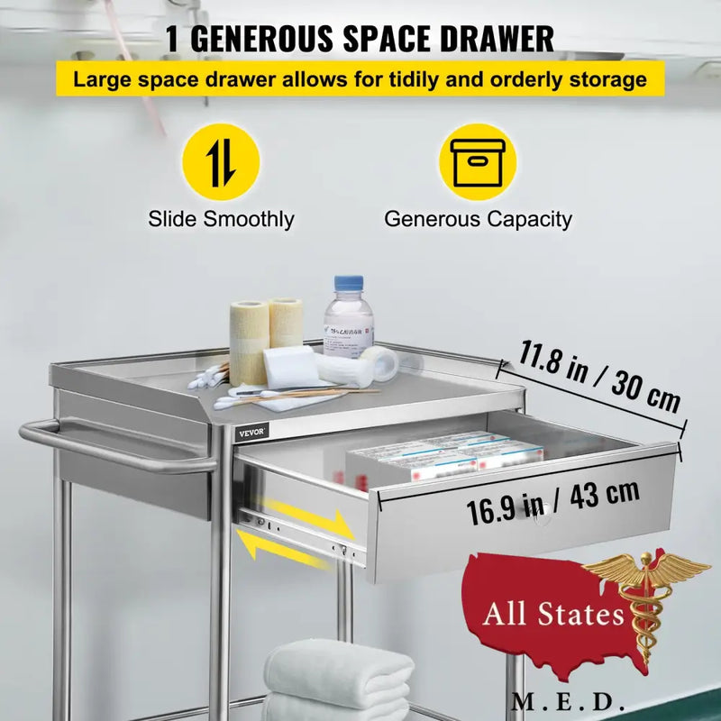 Stainless Steel Medical Cart with Drawer-Accessory-All States M.E.D.