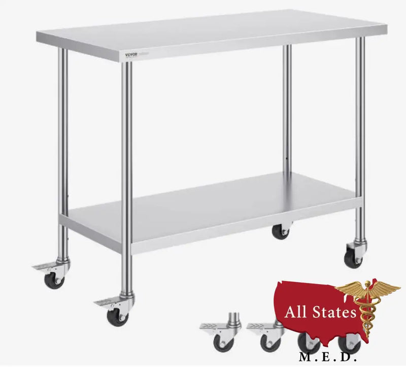Stainless Steel Work Table 24 x 48 x 38 Inch, with 4 Wheels, 3 Adjusta