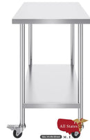 Stainless Steel Work Table 24 x 48 x 38 Inch, with 4 Wheels, 3 Adjustable Height Levels