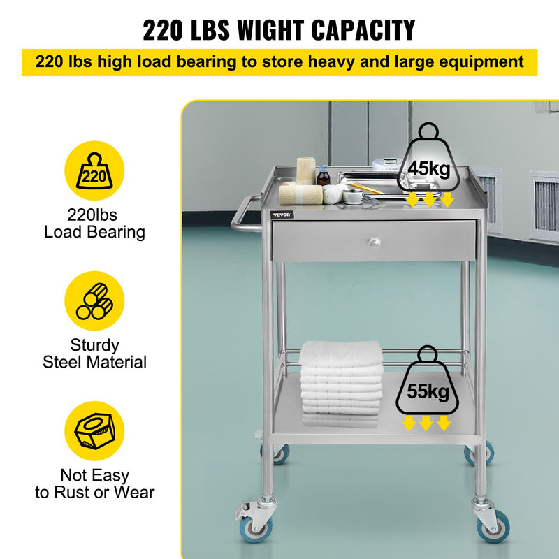 Stainless Steel Medical Cart with Drawer