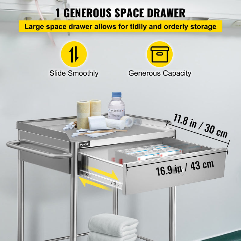 Stainless Steel Medical Cart with Drawer