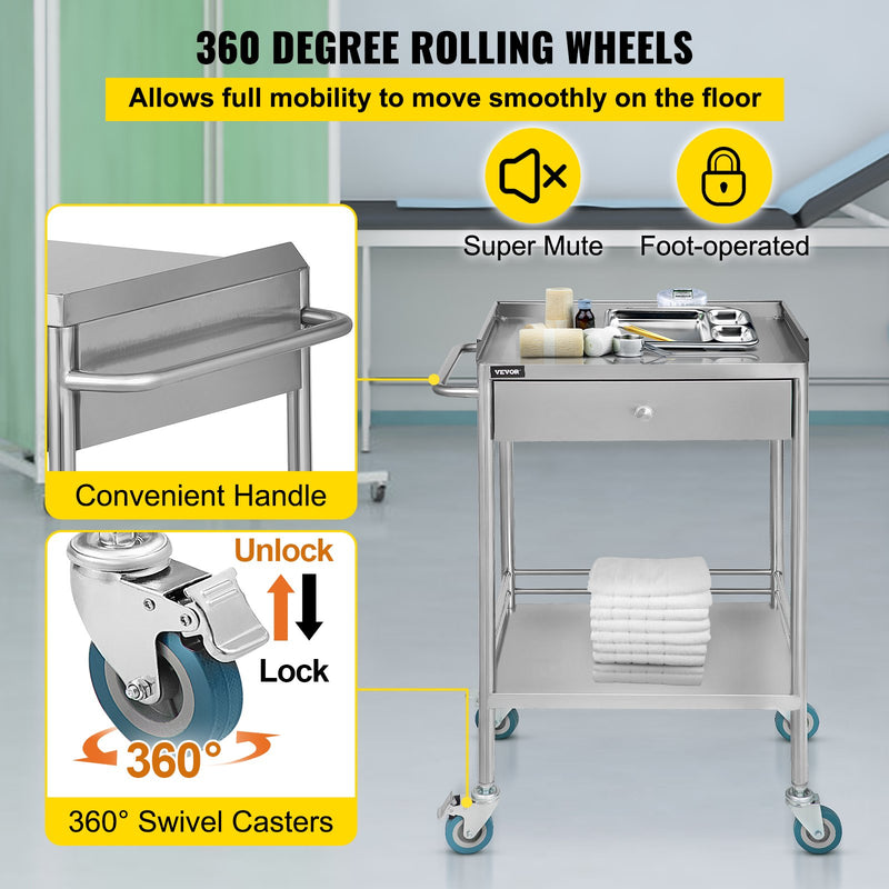 Stainless Steel Medical Cart with Drawer